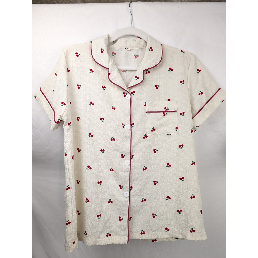 Cherry Print Pajama Set Button Shirt Shorts Size M Cream Red Novelty Print Fruit - Picture 5 of 10